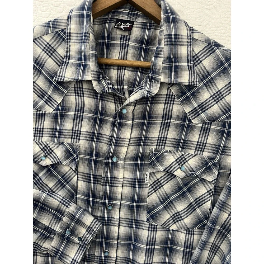 Vintage 1980s Levi's Blue White Tab Plaid Blue Pearl Snap Shirt Size XL 70's